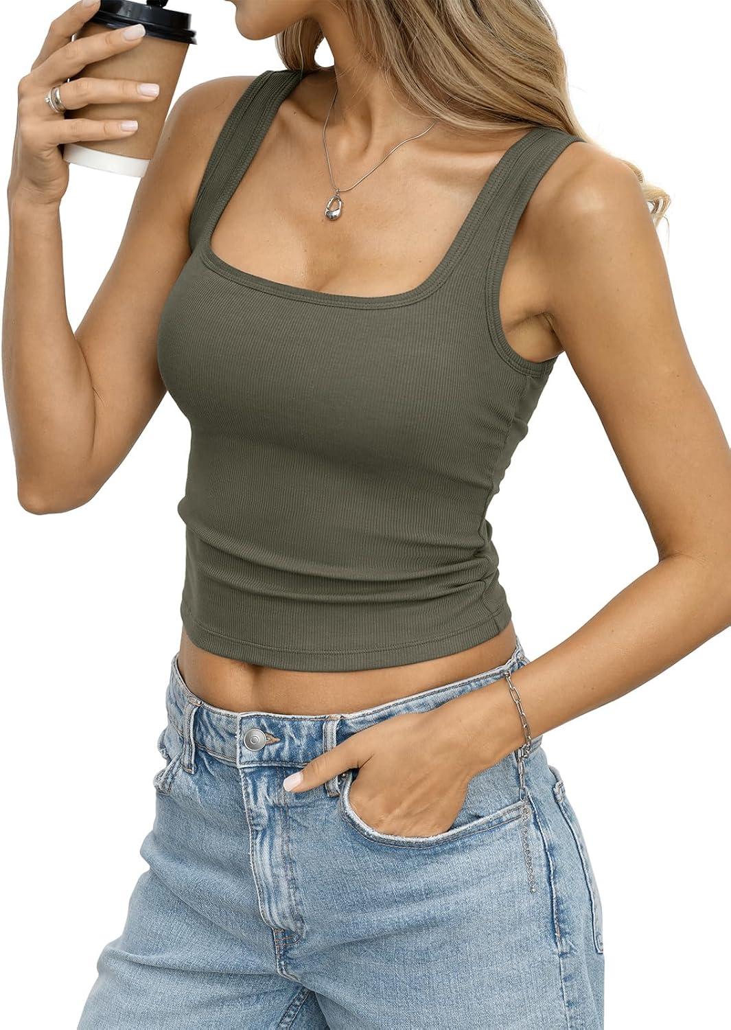 image:imageWomens Built in Bra Ribbed Tank Y2k Crop Going Out Shirt Fitted Summer Square Neck Top Removable Pads Tank 2026Army Green