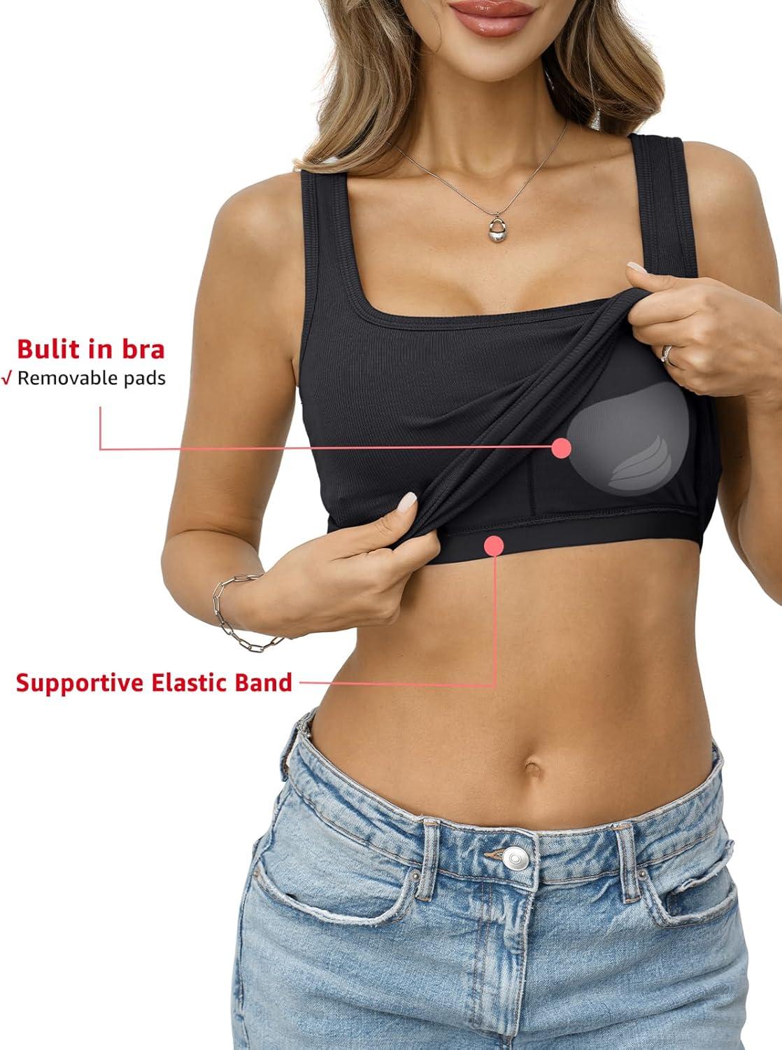 image:imageWomens Built in Bra Ribbed Tank Y2k Crop Going Out Shirt Fitted Summer Square Neck Top Removable Pads Tank 2026Black