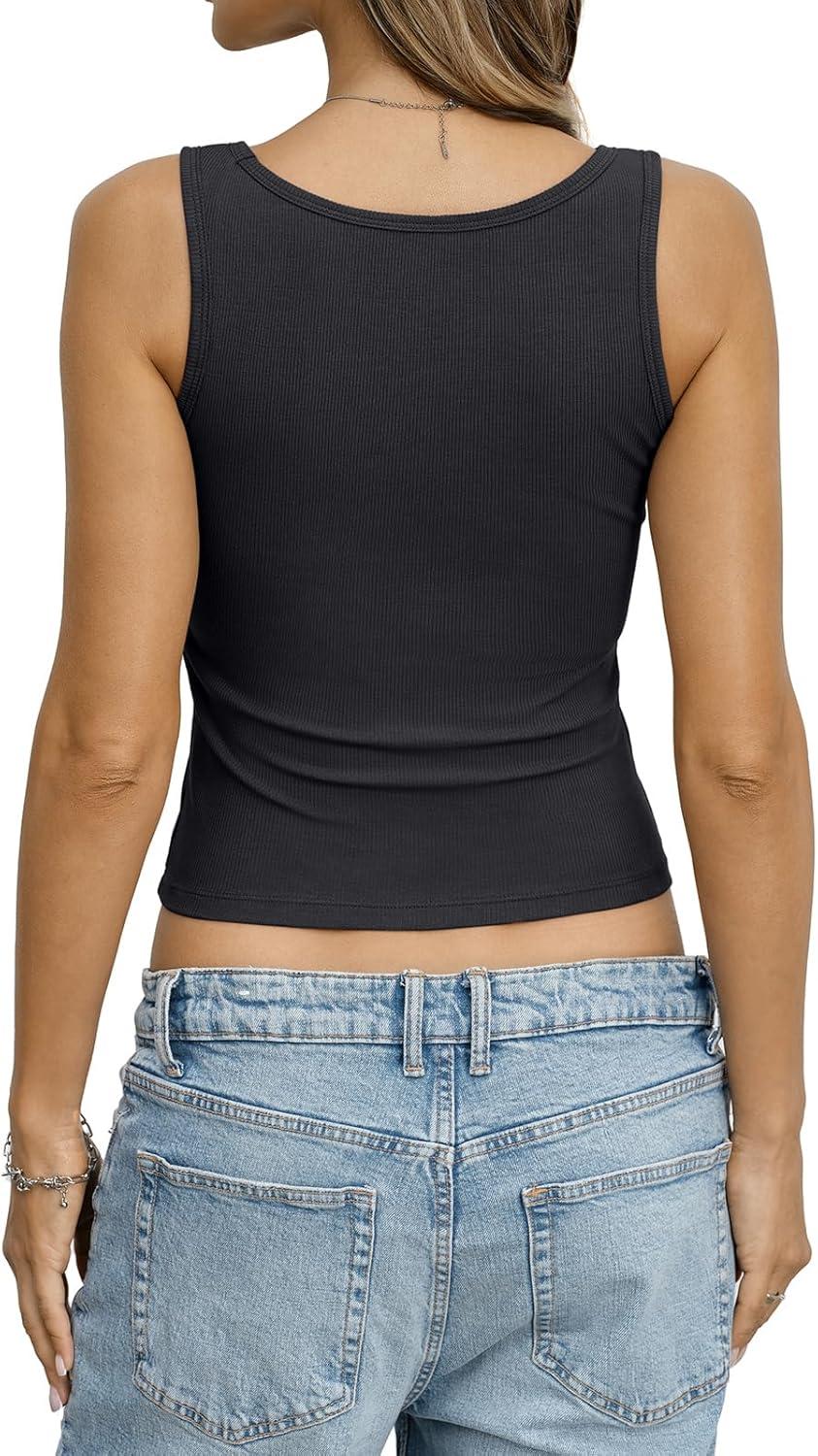 image:imageWomens Built in Bra Ribbed Tank Y2k Crop Going Out Shirt Fitted Summer Square Neck Top Removable Pads Tank 2026Black