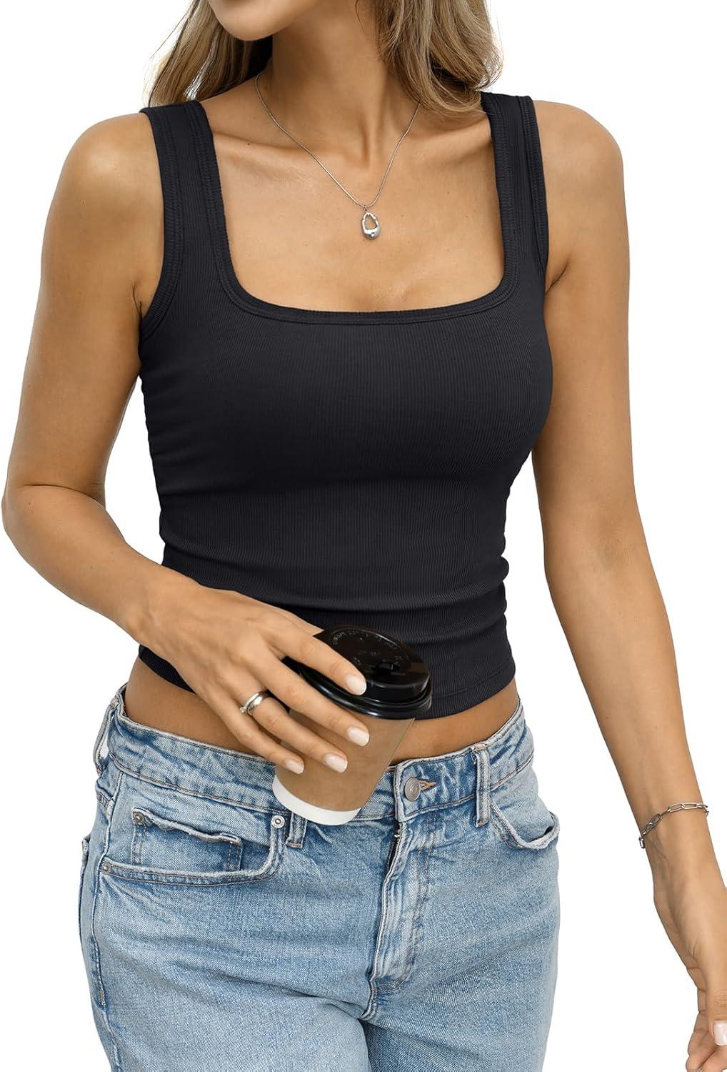 image:imageWomens Built in Bra Ribbed Tank Y2k Crop Going Out Shirt Fitted Summer Square Neck Top Removable Pads Tank 2026Black