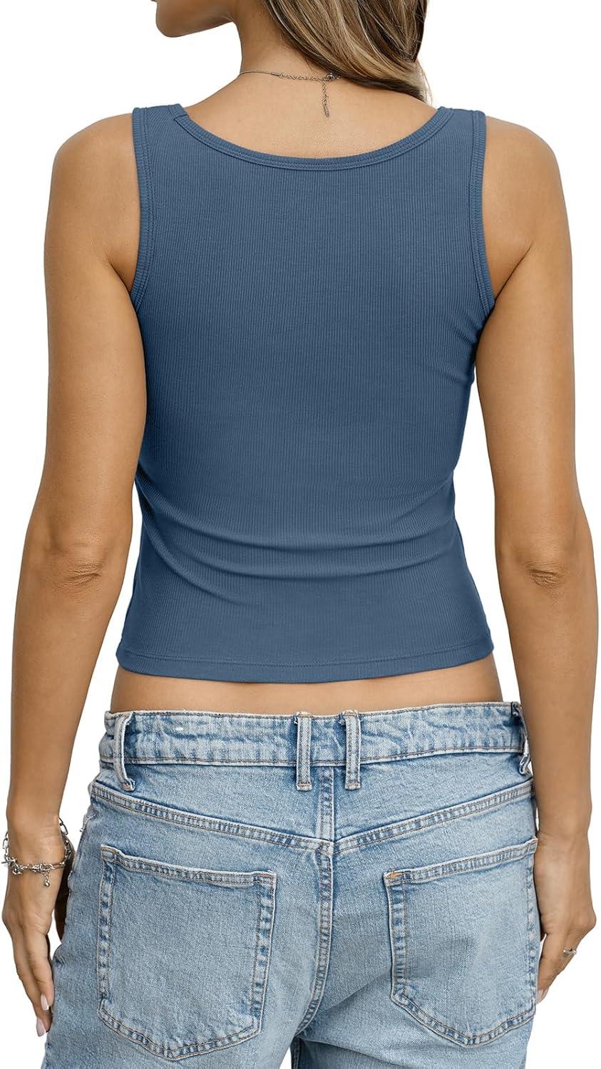 image:imageWomens Built in Bra Ribbed Tank Y2k Crop Going Out Shirt Fitted Summer Square Neck Top Removable Pads Tank 2026Haze Blue