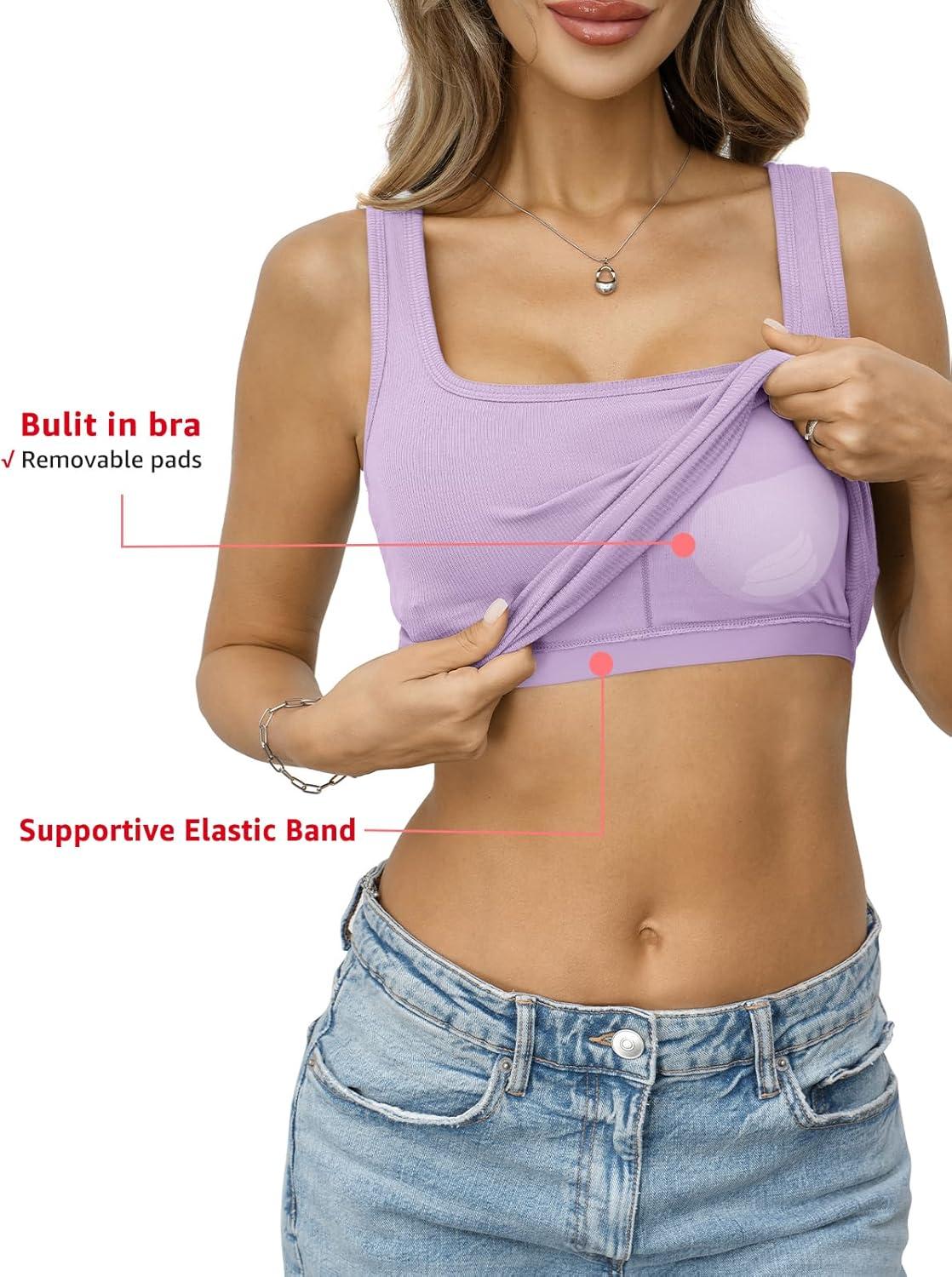 image:imageWomens Built in Bra Ribbed Tank Y2k Crop Going Out Shirt Fitted Summer Square Neck Top Removable Pads Tank 2026Violet