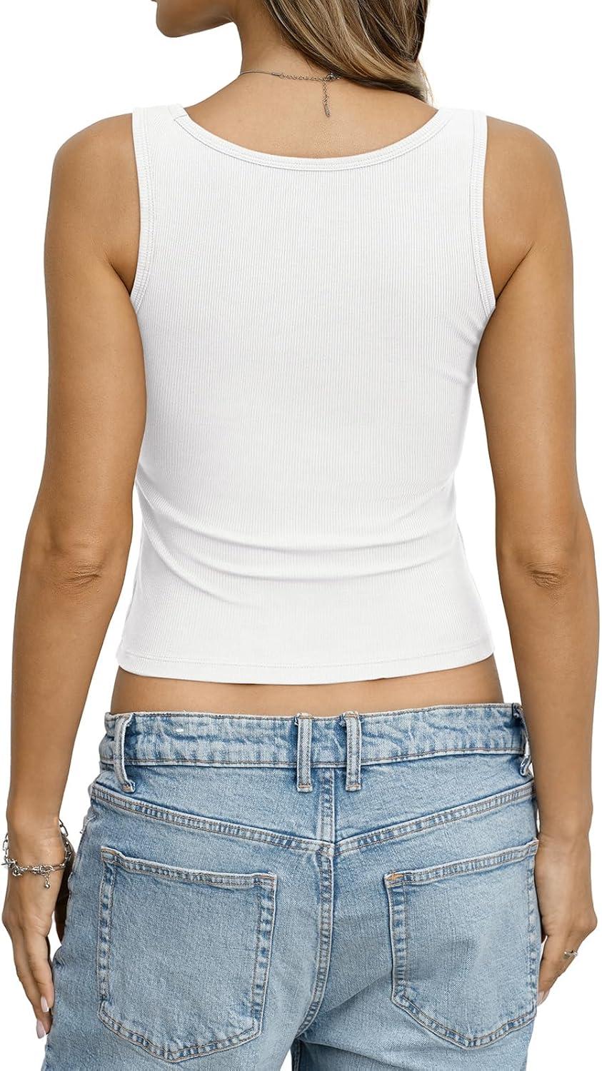 image:imageWomens Built in Bra Ribbed Tank Y2k Crop Going Out Shirt Fitted Summer Square Neck Top Removable Pads Tank 2026White