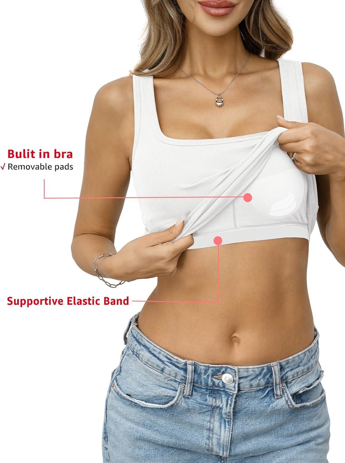 image:imageWomens Built in Bra Ribbed Tank Y2k Crop Going Out Shirt Fitted Summer Square Neck Top Removable Pads Tank 2026White
