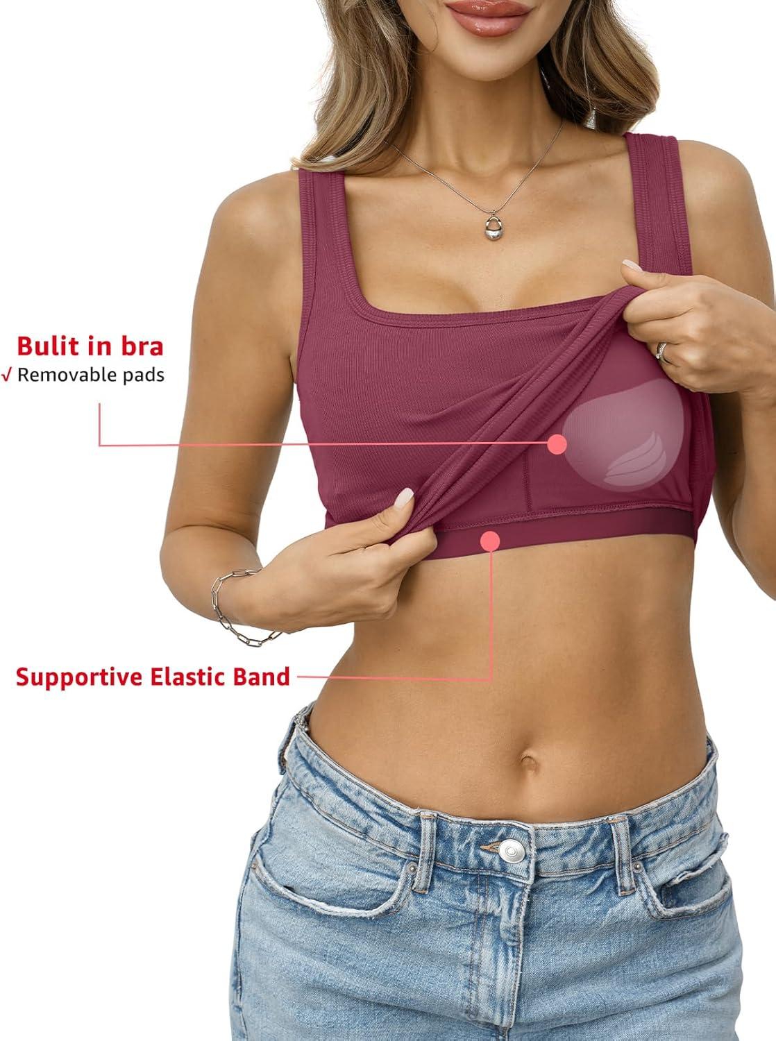 image:imageWomens Built in Bra Ribbed Tank Y2k Crop Going Out Shirt Fitted Summer Square Neck Top Removable Pads Tank 2026Wine Red