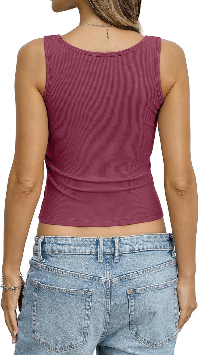 image:imageWomens Built in Bra Ribbed Tank Y2k Crop Going Out Shirt Fitted Summer Square Neck Top Removable Pads Tank 2026Wine Red