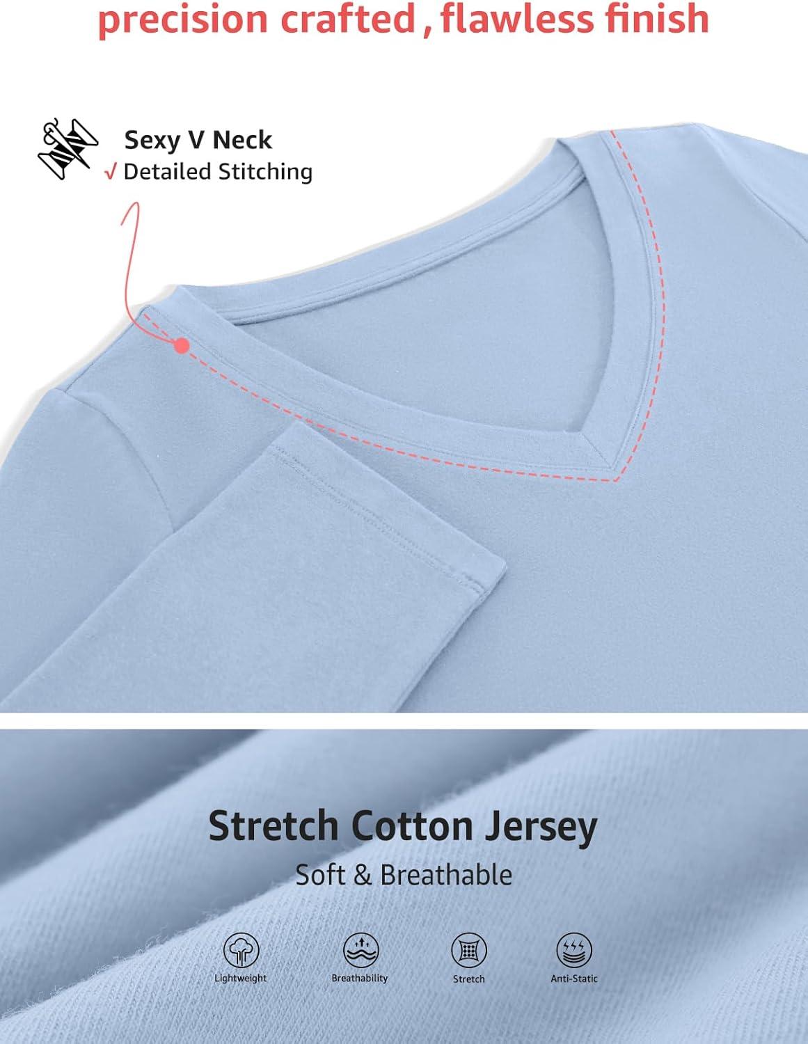 image:imageWomens Cotton 34 Length Sleeve Tops V Neck Slim Fit Shirts Basic Going Out Tees Casual Spring Clothes 2026Baby Blue