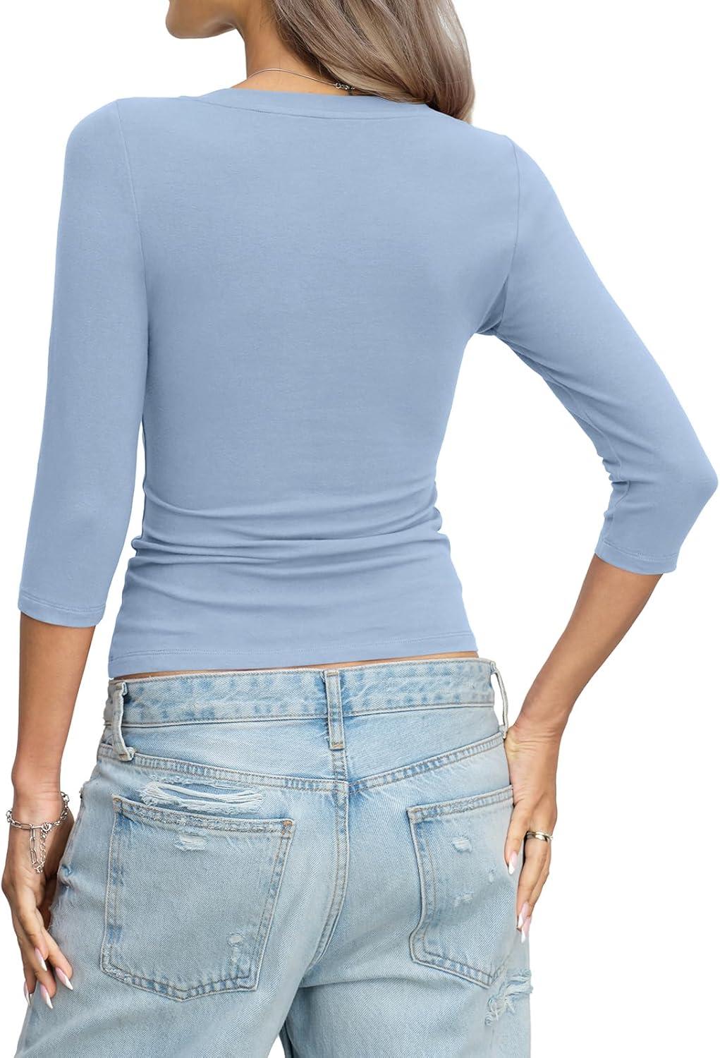 image:imageWomens Cotton 34 Length Sleeve Tops V Neck Slim Fit Shirts Basic Going Out Tees Casual Spring Clothes 2026Baby Blue