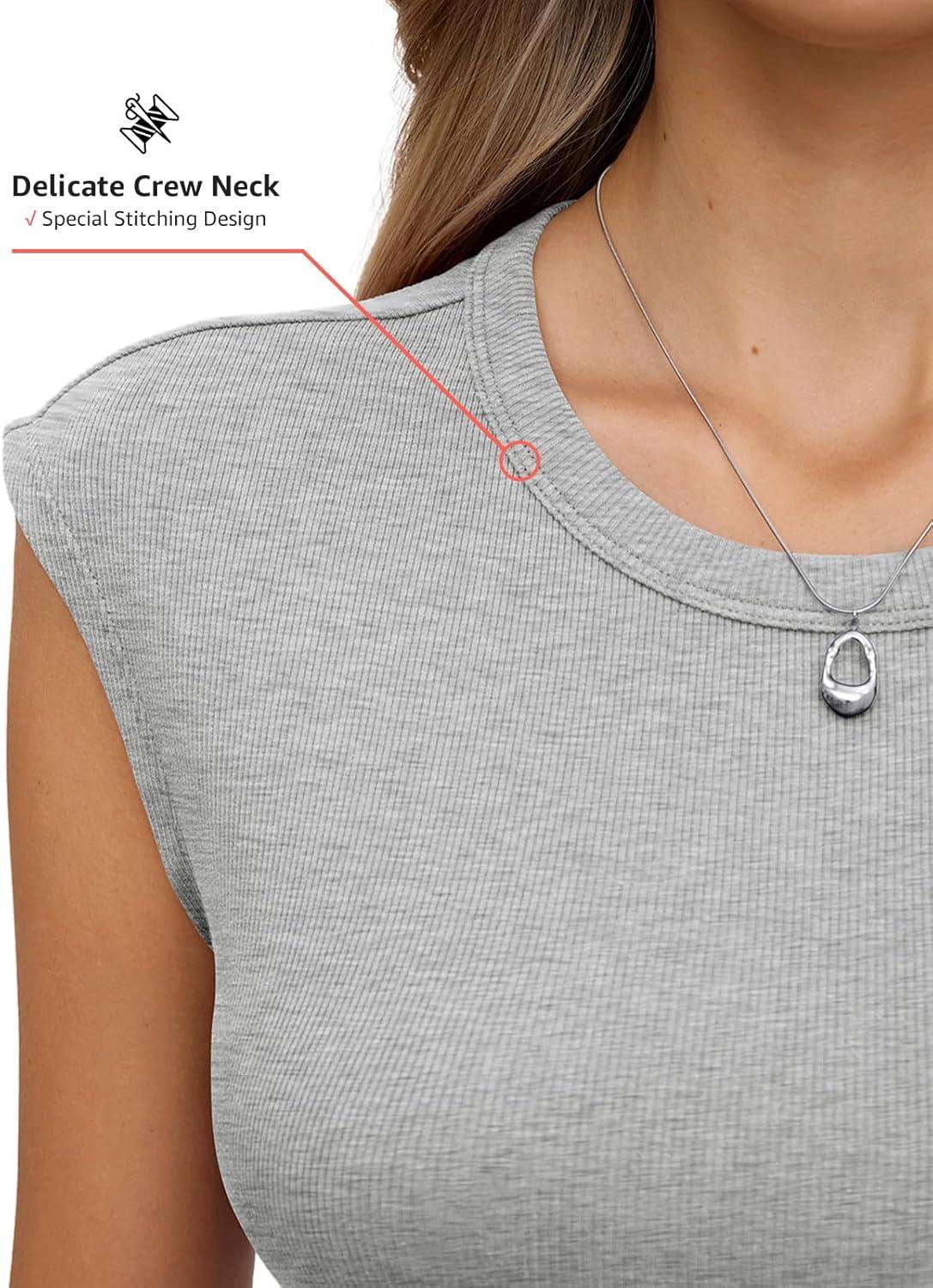 image:imageWomens Cotton Ribbed Tank Tops Cap Sleeve Crew Neck Shirts Basic Fitted Casual Tshirts Trendy Going Out ClothesGrey