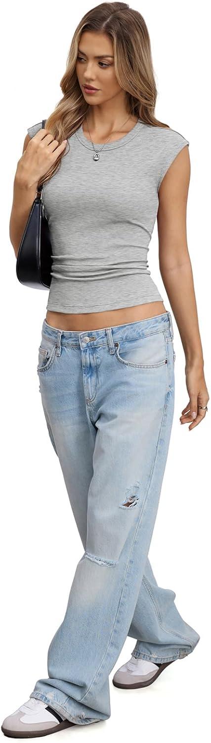 image:imageWomens Cotton Ribbed Tank Tops Cap Sleeve Crew Neck Shirts Basic Fitted Casual Tshirts Trendy Going Out ClothesGrey