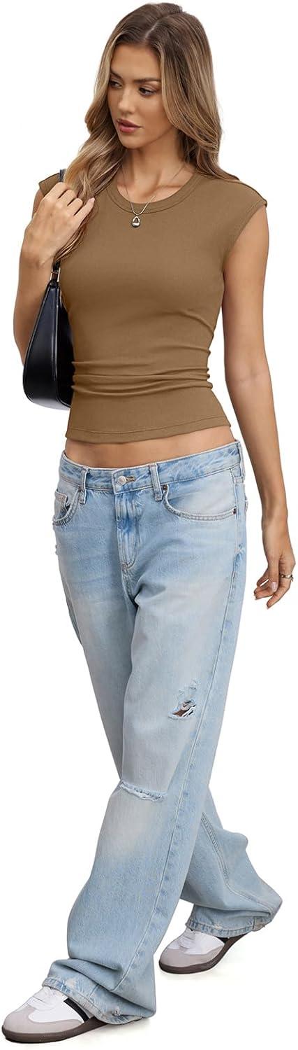 image:imageWomens Cotton Ribbed Tank Tops Cap Sleeve Crew Neck Shirts Basic Fitted Casual Tshirts Trendy Going Out ClothesLight Brown