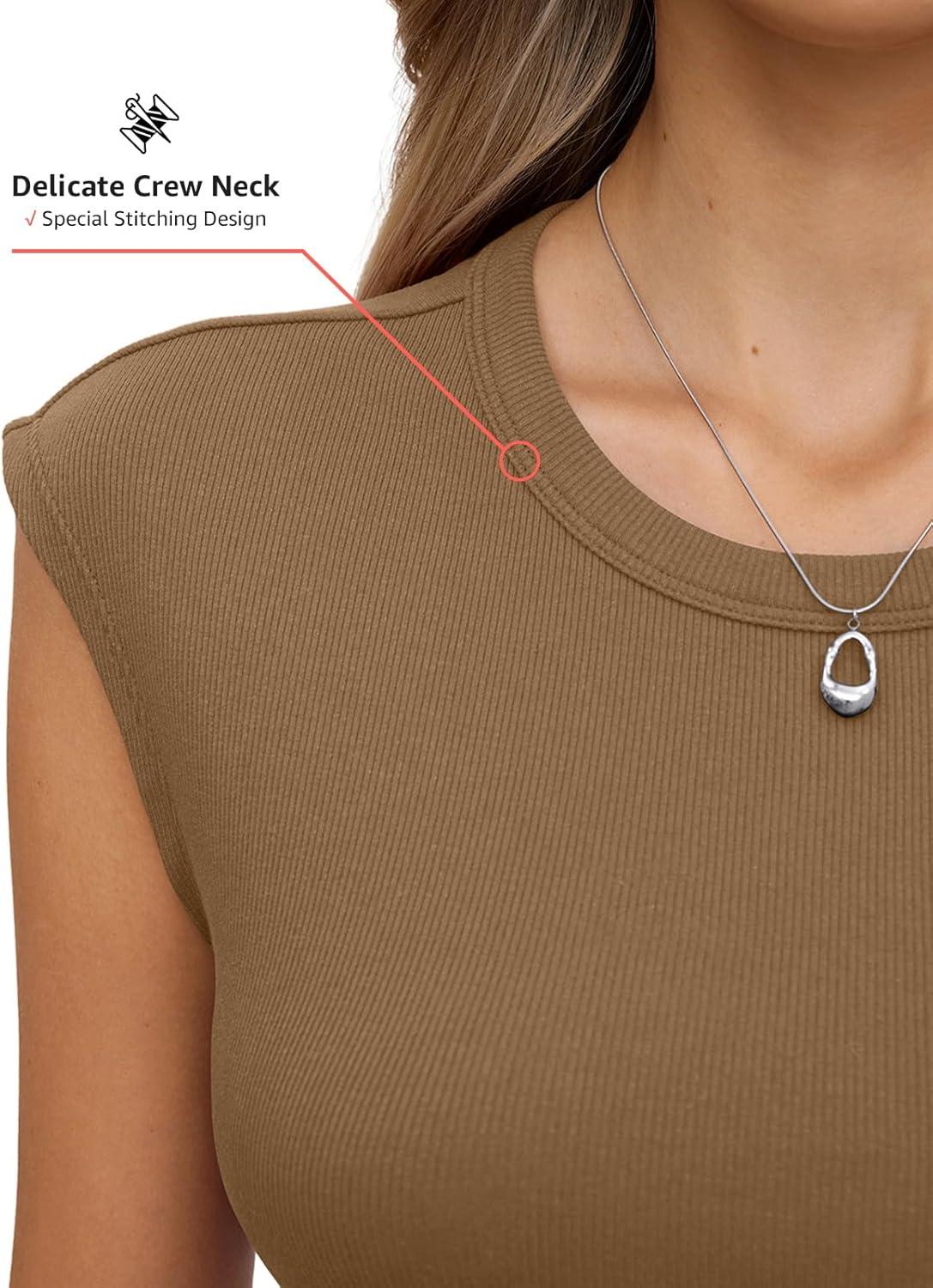 image:imageWomens Cotton Ribbed Tank Tops Cap Sleeve Crew Neck Shirts Basic Fitted Casual Tshirts Trendy Going Out ClothesLight Brown