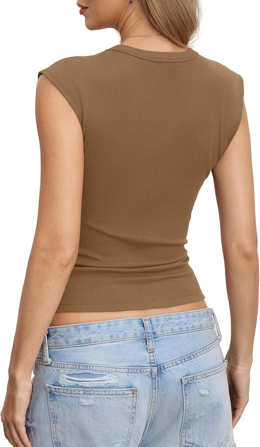 image:imageWomens Cotton Ribbed Tank Tops Cap Sleeve Crew Neck Shirts Basic Fitted Casual Tshirts Trendy Going Out ClothesLight Brown