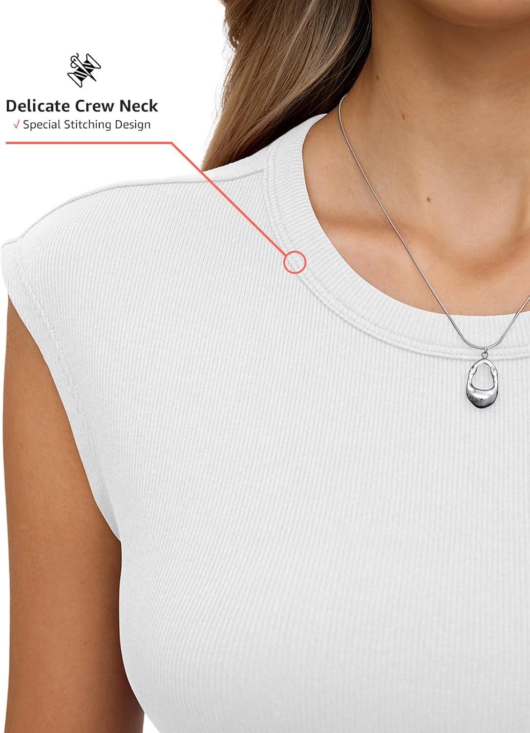image:imageWomens Cotton Ribbed Tank Tops Cap Sleeve Crew Neck Shirts Basic Fitted Casual Tshirts Trendy Going Out ClothesWhite