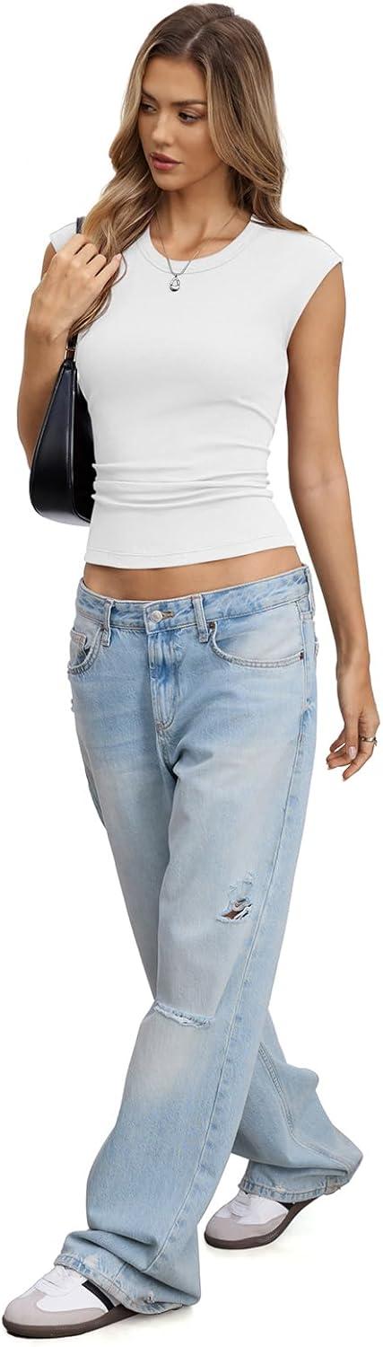 image:imageWomens Cotton Ribbed Tank Tops Cap Sleeve Crew Neck Shirts Basic Fitted Casual Tshirts Trendy Going Out ClothesWhite