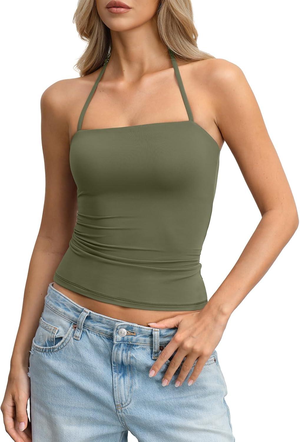 image:imageWomens Padded Halter Tank Top Double Lined Backless Tops Y2k Going Out Slim Fit Shirts Sexy Summer Outfits 2026Army Green