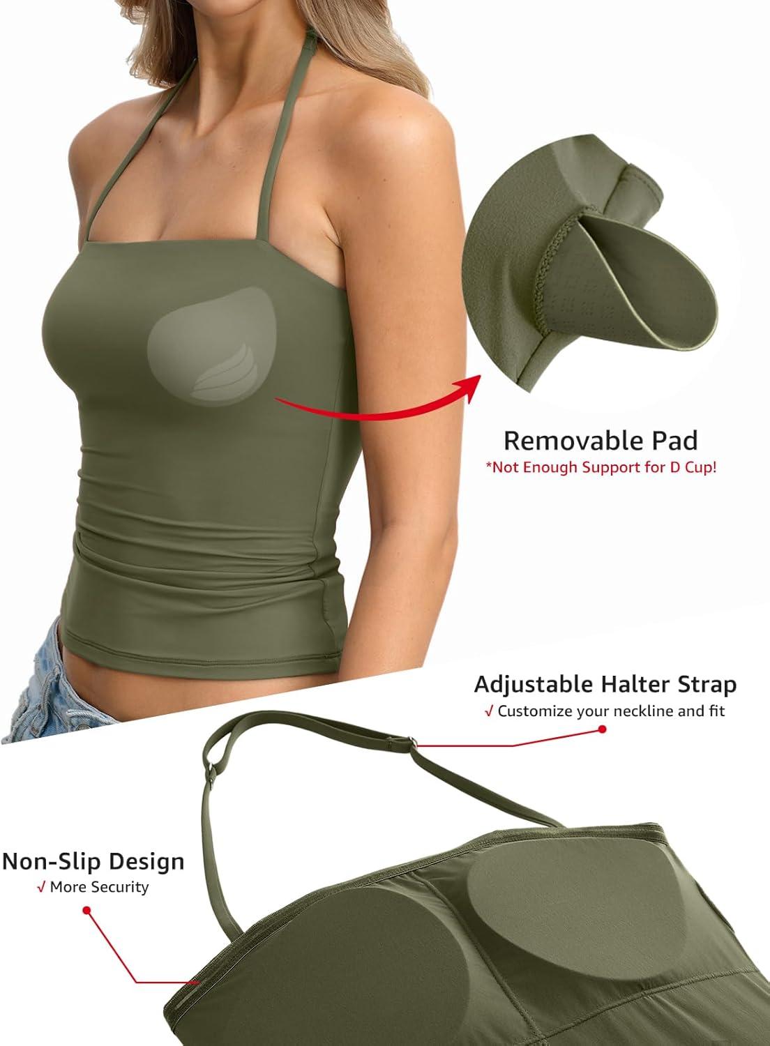 image:imageWomens Padded Halter Tank Top Double Lined Backless Tops Y2k Going Out Slim Fit Shirts Sexy Summer Outfits 2026Army Green