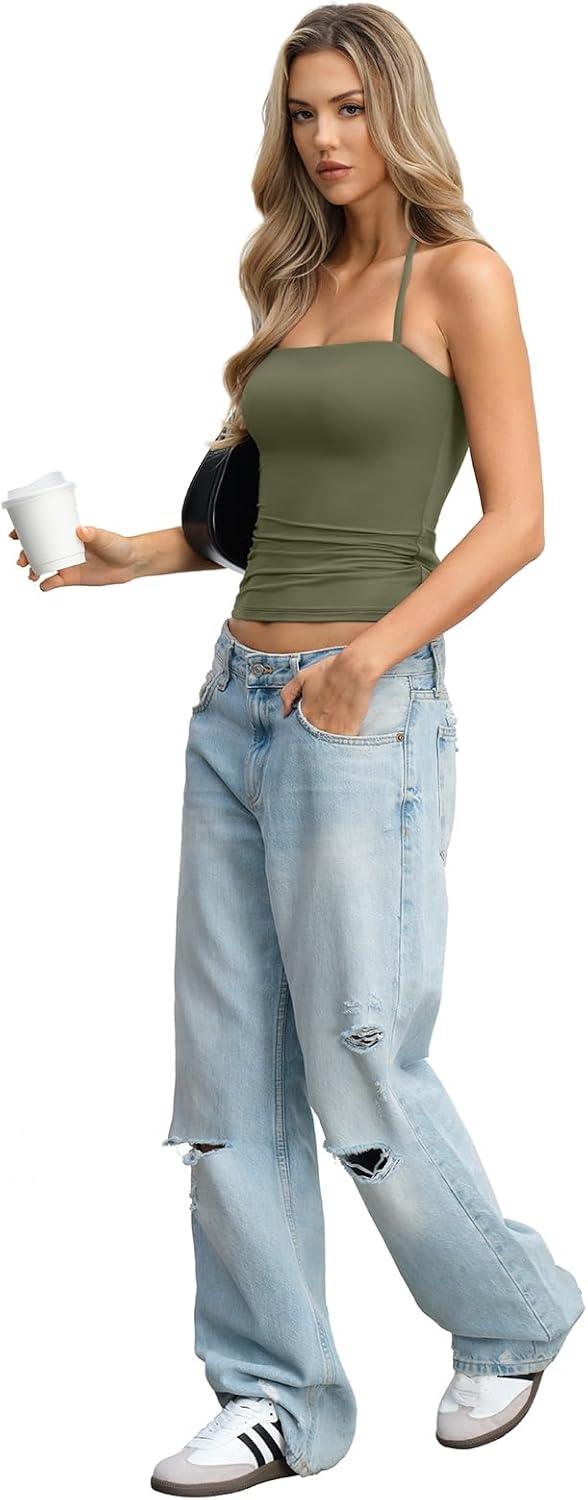 image:imageWomens Padded Halter Tank Top Double Lined Backless Tops Y2k Going Out Slim Fit Shirts Sexy Summer Outfits 2026Army Green