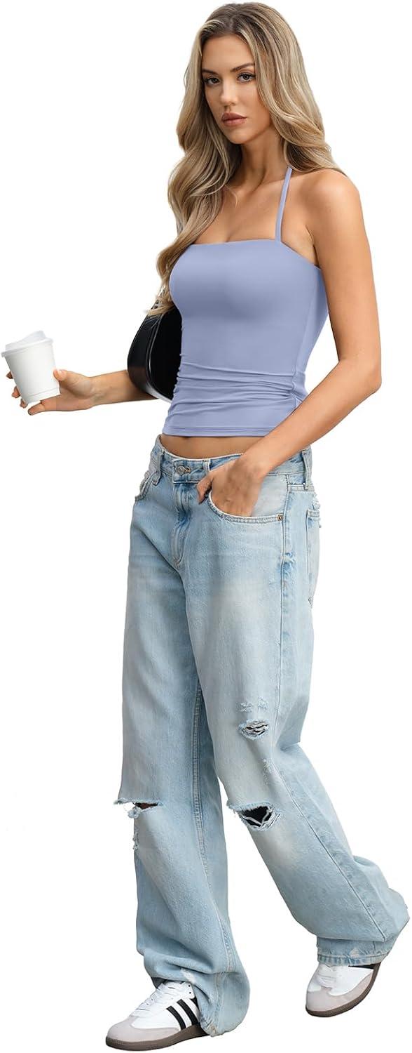 image:imageWomens Padded Halter Tank Top Double Lined Backless Tops Y2k Going Out Slim Fit Shirts Sexy Summer Outfits 2026Light Blue