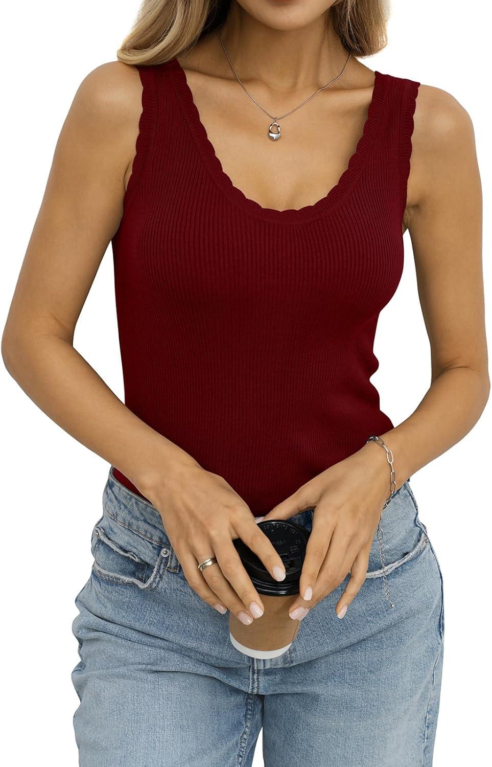 image:imageWomens Ribbed Knit Scoop Neck Tank Tops Sleeveless Slim Fit Sweater Vests Casual Trendy Clothes Summer 2026Burgundy Red
