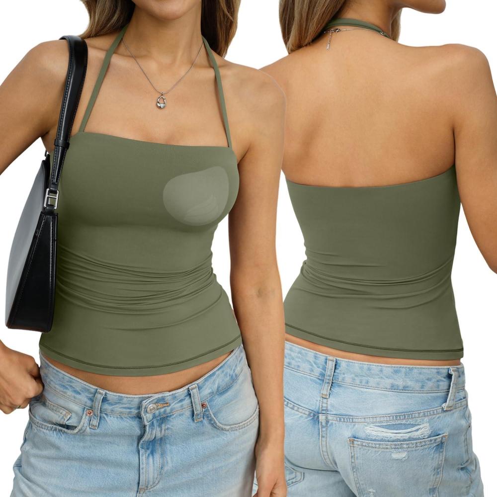 image:imageWomens Padded Halter Tank Top Double Lined Backless Tops Y2k Going Out Slim Fit Shirts Sexy Summer Outfits 2026Army Green