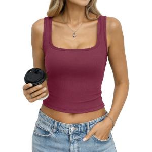 Womens Built in Bra Ribbed Tank Y2k Crop Going Out Shirt Fitted Summer Square Neck Top Removable Pads Tank 2026(Wine Red)