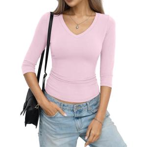 Womens Cotton 3/4 Length Sleeve Tops V Neck Slim Fit Shirts Basic Going Out Tees Casual Spring Clothes 2026(Baby Pink)