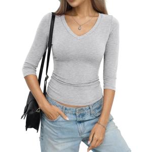 Womens Cotton 3/4 Length Sleeve Tops V Neck Slim Fit Shirts Basic Going Out Tees Casual Spring Clothes 2026(Light Heather Grey)