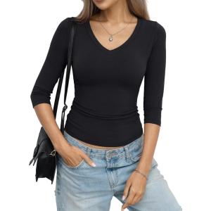 Womens Cotton 3/4 Length Sleeve Tops V Neck Slim Fit Shirts Basic Going Out Tees Casual Spring Clothes 2026(True Black)