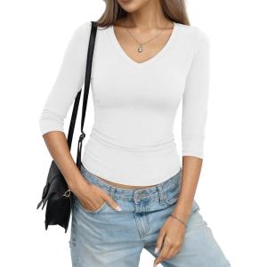Womens Cotton 3/4 Length Sleeve Tops V Neck Slim Fit Shirts Basic Going Out Tees Casual Spring Clothes 2026(True White)