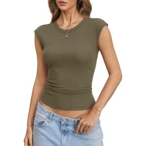 Womens Cotton Ribbed Tank Tops Cap Sleeve Crew Neck Shirts Basic Fitted Casual Tshirts Trendy Going Out Clothes(Army Green)