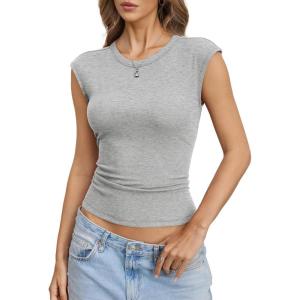 Womens Cotton Ribbed Tank Tops Cap Sleeve Crew Neck Shirts Basic Fitted Casual Tshirts Trendy Going Out Clothes(Grey)