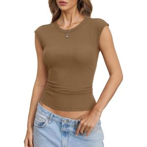 Womens Cotton Ribbed Tank Tops Cap Sleeve Crew Neck Shirts Basic Fitted Casual Tshirts Trendy Going Out Clothes(Light Brown)
