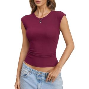 Womens Cotton Ribbed Tank Tops Cap Sleeve Crew Neck Shirts Basic Fitted Casual Tshirts Trendy Going Out Clothes(Wine Red)