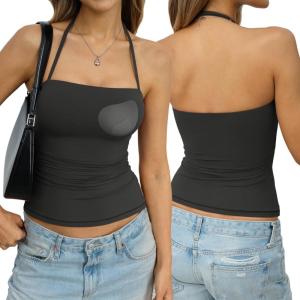 Womens Padded Halter Tank Top Double Lined Backless Tops Y2k Going Out Slim Fit Shirts Sexy Summer Outfits 2026(Black)
