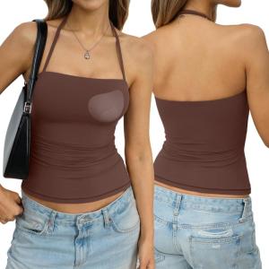 Womens Padded Halter Tank Top Double Lined Backless Tops Y2k Going Out Slim Fit Shirts Sexy Summer Outfits 2026(Brown)