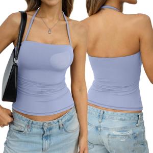Womens Padded Halter Tank Top Double Lined Backless Tops Y2k Going Out Slim Fit Shirts Sexy Summer Outfits 2026(Light Blue)