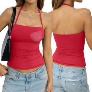 Womens Padded Halter Tank Top Double Lined Backless Tops Y2k Going Out Slim Fit Shirts Sexy Summer Outfits 2026(Red)