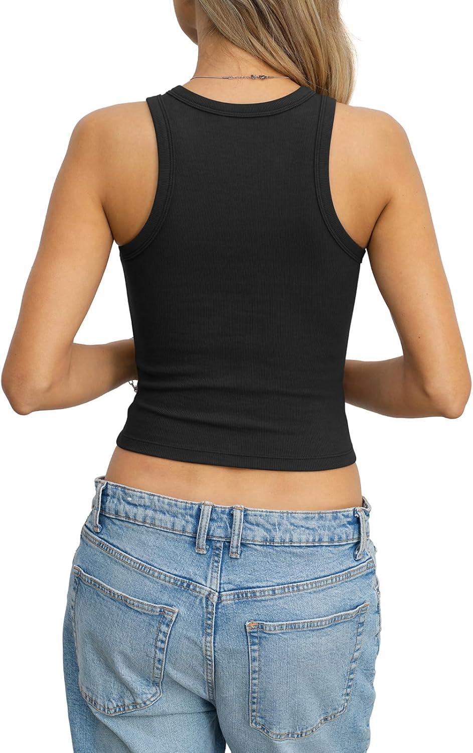image:imageWomens Cotton Ribbed Crop Tank Tops High Neck Sleeveless Basic Shirts Racerback Slim Fitted Summer Clothes 2026Black