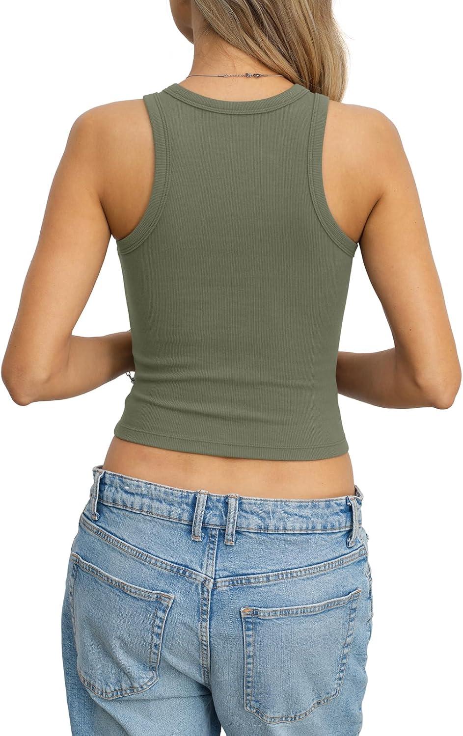 image:imageWomens Cotton Ribbed Crop Tank Tops High Neck Sleeveless Basic Shirts Racerback Slim Fitted Summer Clothes 2026Green