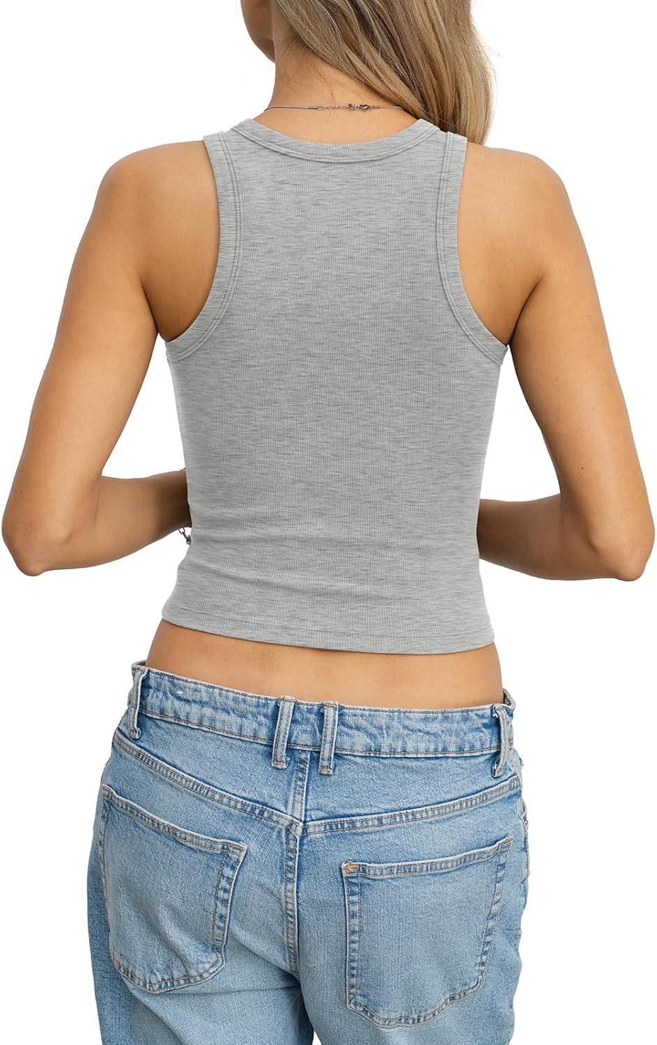 image:imageWomens Cotton Ribbed Crop Tank Tops High Neck Sleeveless Basic Shirts Racerback Slim Fitted Summer Clothes 2026Heather Grey