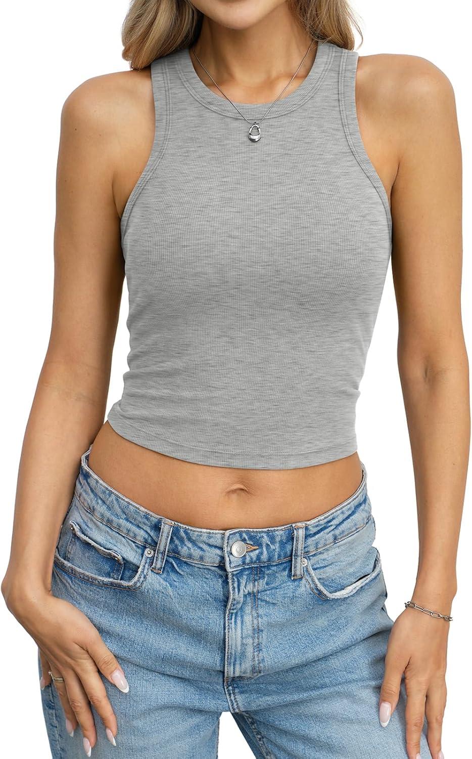 image:imageWomens Cotton Ribbed Crop Tank Tops High Neck Sleeveless Basic Shirts Racerback Slim Fitted Summer Clothes 2026Heather Grey