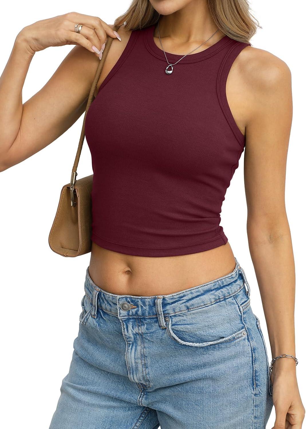 image:imageWomens Cotton Ribbed Crop Tank Tops High Neck Sleeveless Basic Shirts Racerback Slim Fitted Summer Clothes 2026Wine Red
