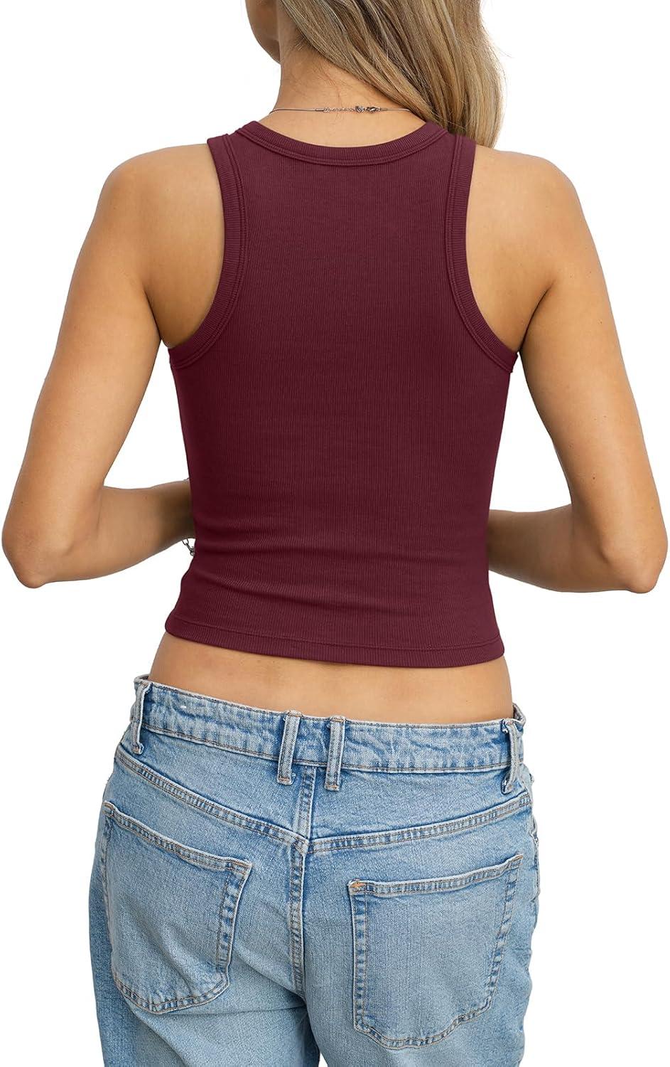 image:imageWomens Cotton Ribbed Crop Tank Tops High Neck Sleeveless Basic Shirts Racerback Slim Fitted Summer Clothes 2026Wine Red