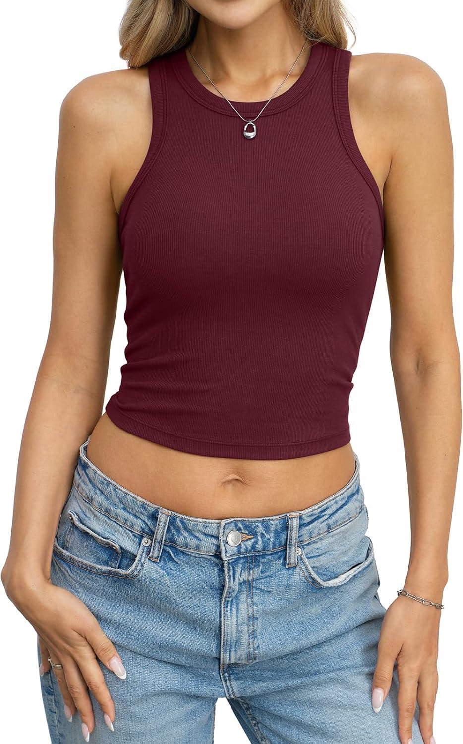 image:imageWomens Cotton Ribbed Crop Tank Tops High Neck Sleeveless Basic Shirts Racerback Slim Fitted Summer Clothes 2026Wine Red