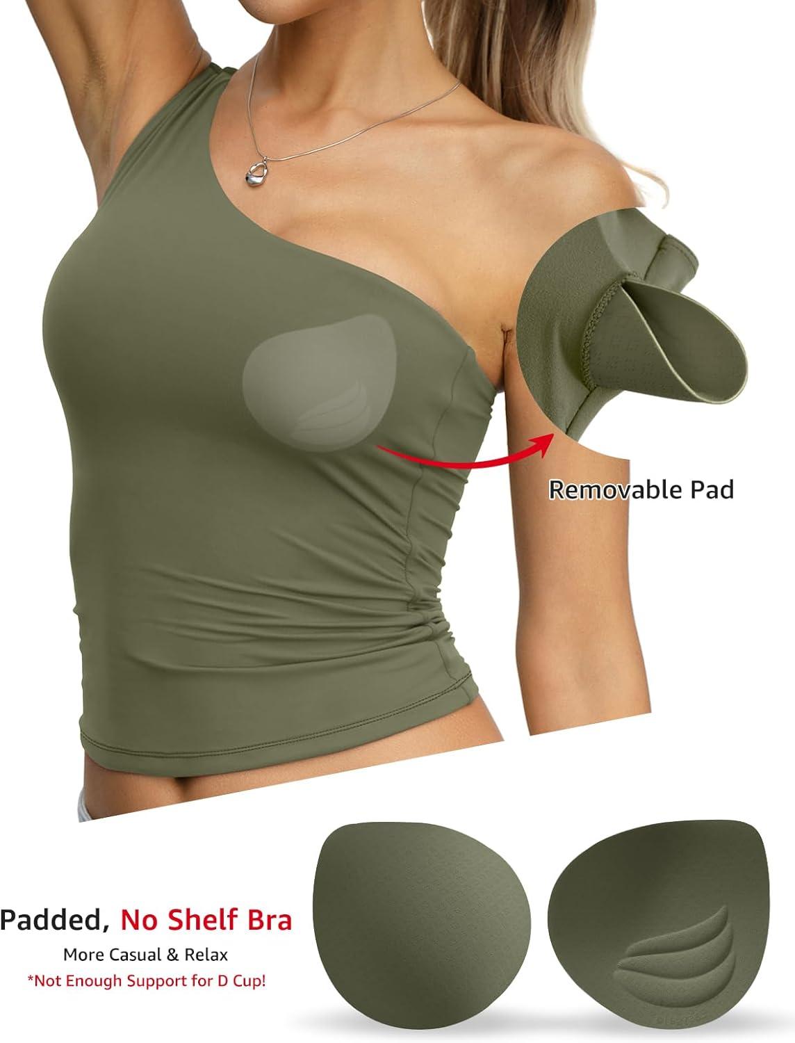 image:imageWomens Padded Double Lined Tank Tops One Shoulder Built in Bra Crop Tops Slim Fit Y2k Going Out Summer Clothes 2026Army Green