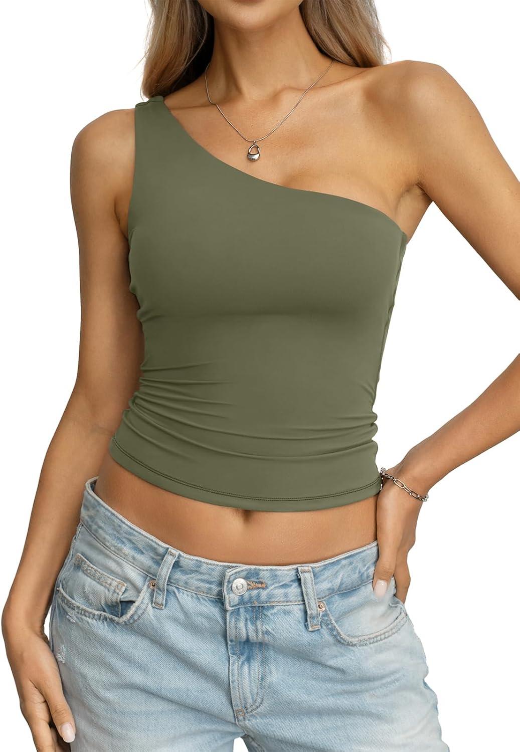 image:imageWomens Padded Double Lined Tank Tops One Shoulder Built in Bra Crop Tops Slim Fit Y2k Going Out Summer Clothes 2026Army Green