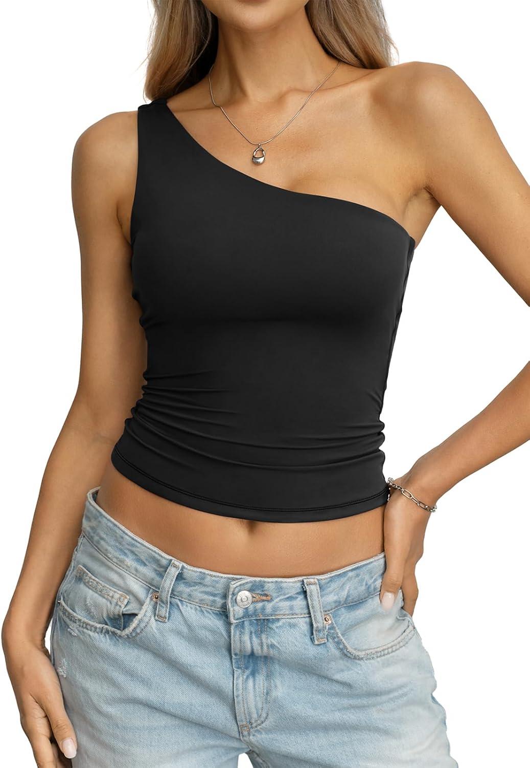 image:imageWomens Padded Double Lined Tank Tops One Shoulder Built in Bra Crop Tops Slim Fit Y2k Going Out Summer Clothes 2026Black