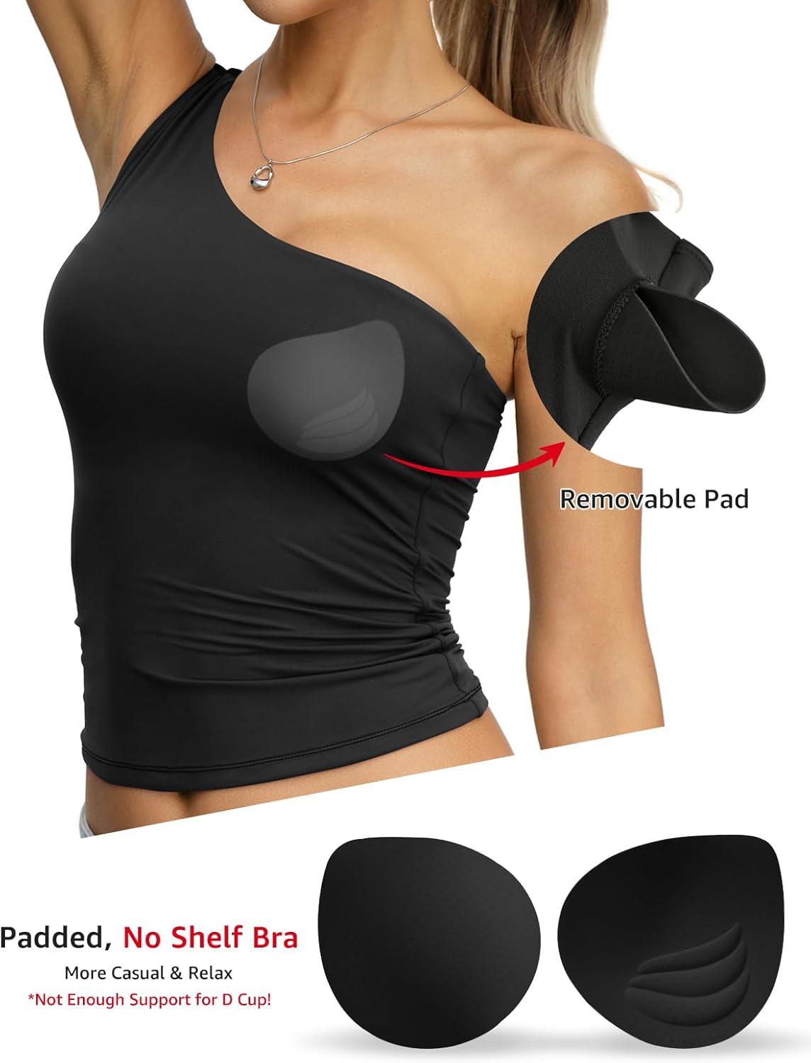 image:imageWomens Padded Double Lined Tank Tops One Shoulder Built in Bra Crop Tops Slim Fit Y2k Going Out Summer Clothes 2026Black