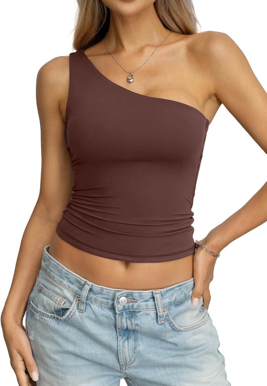 image:imageWomens Padded Double Lined Tank Tops One Shoulder Built in Bra Crop Tops Slim Fit Y2k Going Out Summer Clothes 2026Brown